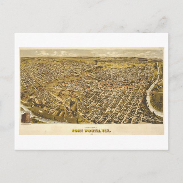 Postal Mapa antiguo de Fort Worth, Texas, 1891 (Anverso)