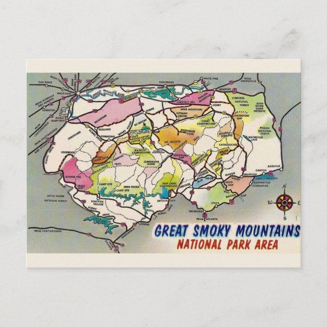 Postal Mapa antiguo de Great Smoky Mtns. (Anverso)