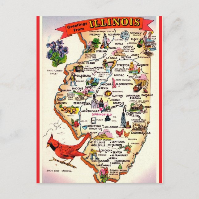 Postal Mapa antiguo de Illinois (Anverso)