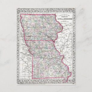 Postal Mapa antiguo de Iowa y Missouri alrededor de 1874