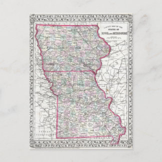 Postal Mapa antiguo de Iowa y Missouri alrededor de 1874