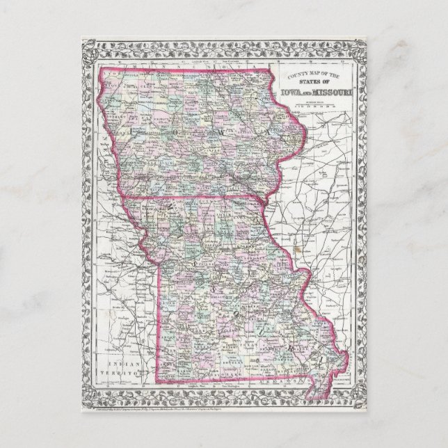 Postal Mapa antiguo de Iowa y Missouri alrededor de 1874 (Anverso)