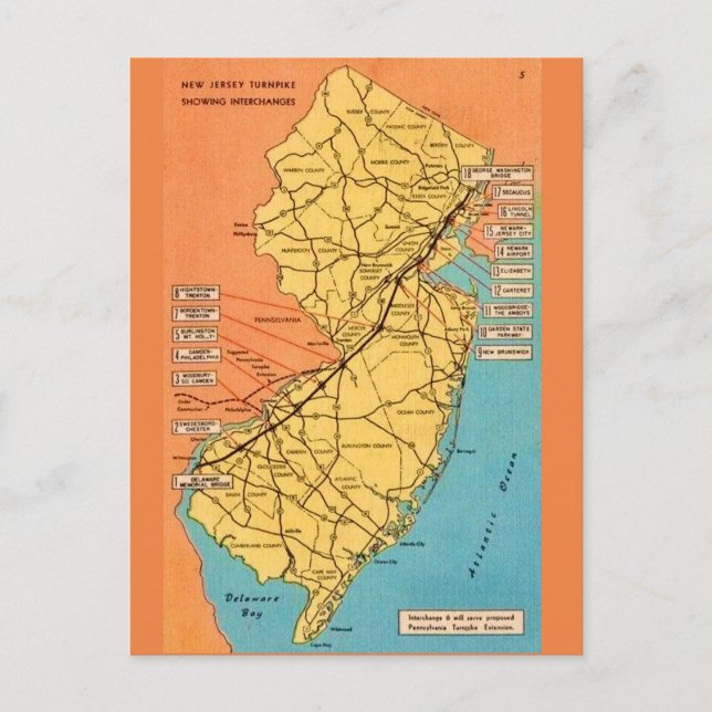 Postal Mapa antiguo de la autopista de Nueva Jersey (Anverso)