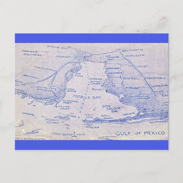 Postal Mapa Antiguo de la Bahía de Mobile (Anverso)