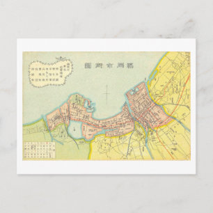 Postal Mapa Antiguo de la Ciudad de Fukuoka, Japón