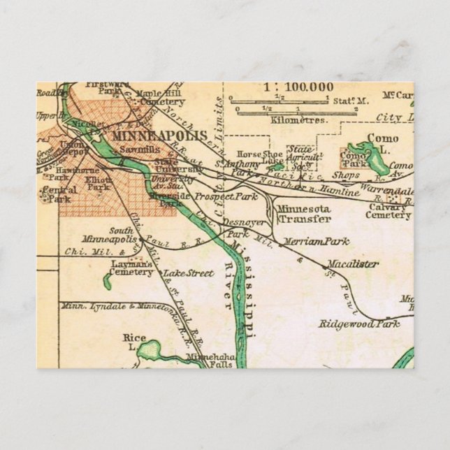 Postal Mapa Antiguo de la Ciudad de Minneapolis (Anverso)