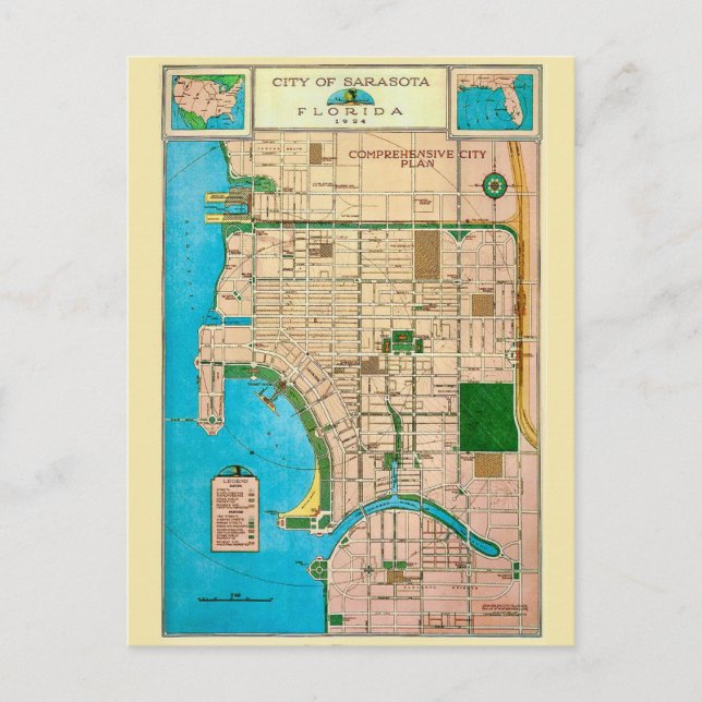 Postal Mapa antiguo de la ciudad de Sarasota (Anverso)