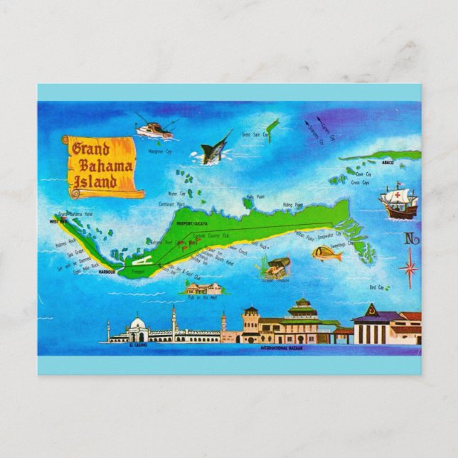 Postal Mapa Antiguo de la Isla Gran Bahama (Anverso)