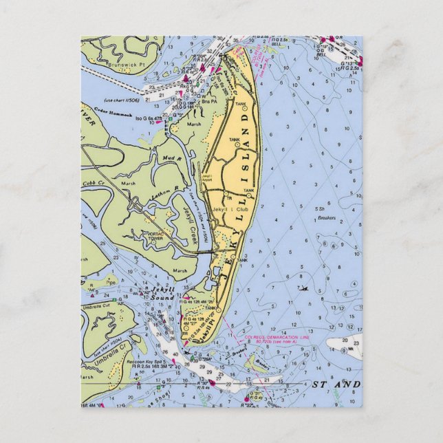 Postal Mapa Antiguo de la Isla Jekyll Georgia (Anverso)