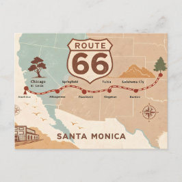 Postal Mapa Antiguo de la Ruta 66 con Ciudades Históricas