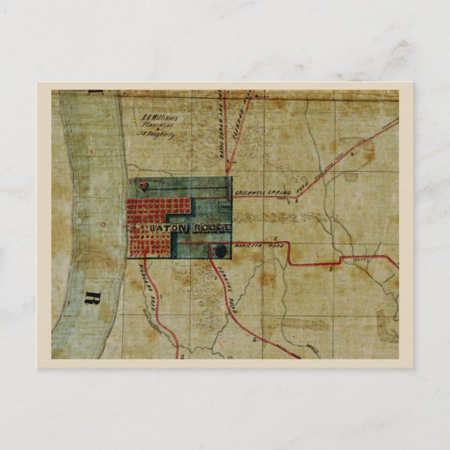 Postal Mapa antiguo de la zona de Baton Rouge Louisiana (Anverso)