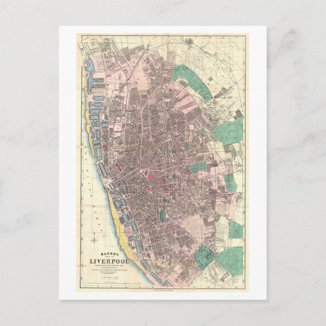 Postal Mapa antiguo de Liverpool, Inglaterra, 1890 (Anverso)