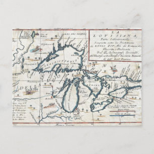 Postal Mapa Antiguo de los Grandes Lagos, siglo XVII