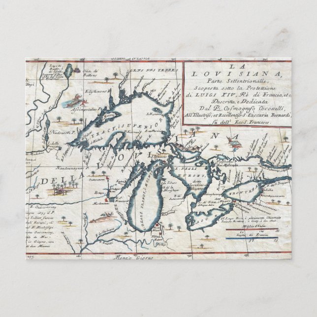 Postal Mapa Antiguo de los Grandes Lagos, siglo XVII (Anverso)