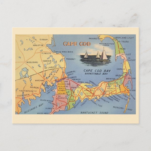 Postal Mapa antiguo de Massachusetts en Cape Cod (Anverso)