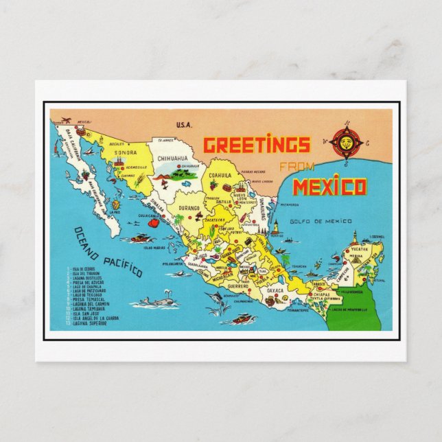 Postal Mapa Antiguo de México Colorido (Anverso)