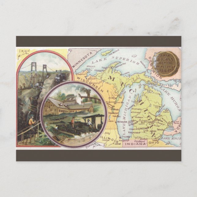 Postal Mapa Antiguo de Michigan (Anverso)