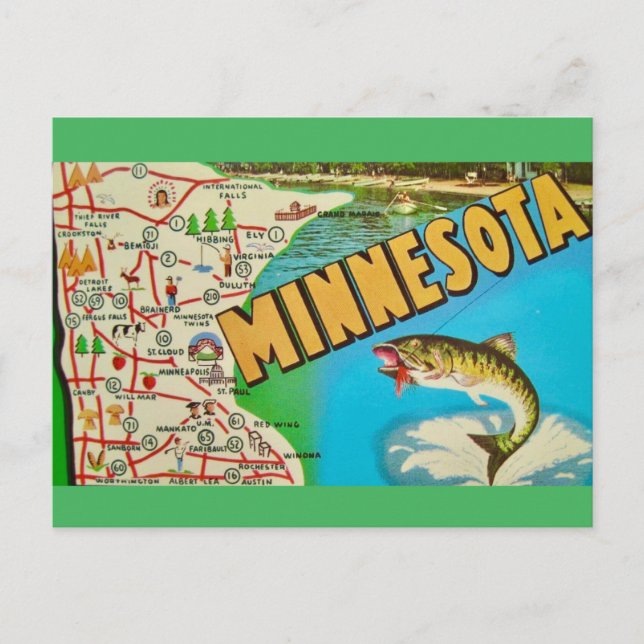 Postal Mapa Antiguo de Minnesota con Tema de Peces (Anverso)