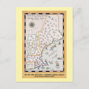 Postal Mapa Antiguo de Nueva Inglaterra Viaje de Verano