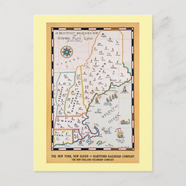 Postal Mapa Antiguo de Nueva Inglaterra Viaje de Verano (Anverso)