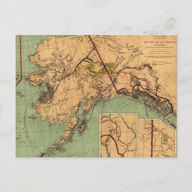 Postal Mapa Antiguo de Oro y Carbón en Alaska (1898) (Anverso)