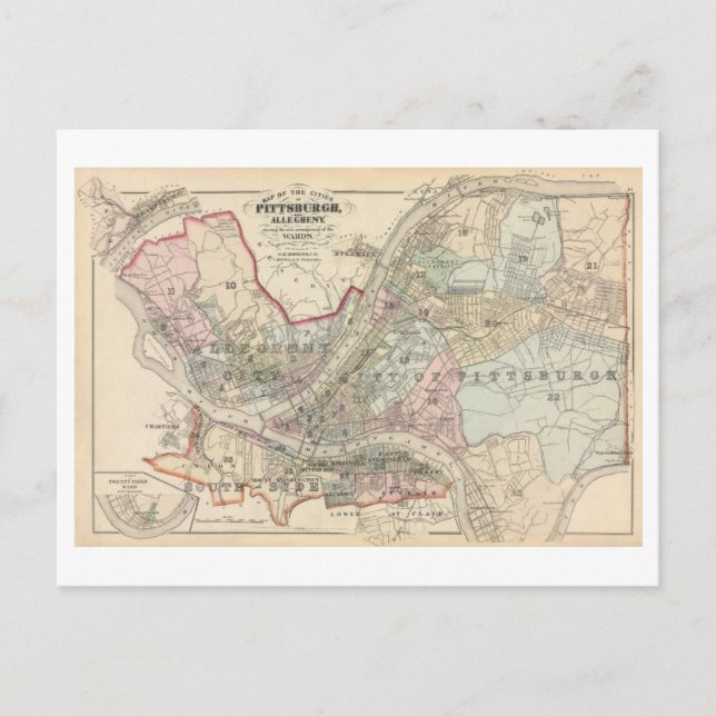 Postal Mapa antiguo de Pittsburgh y Allegheny de 1872 (Anverso)