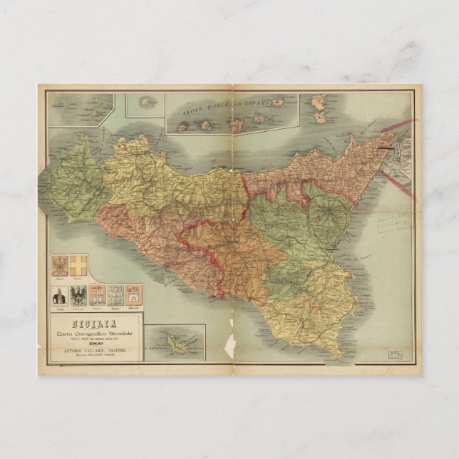 Postal Mapa antiguo de Sicilia de 1900 (Sicilia carta) (Anverso)
