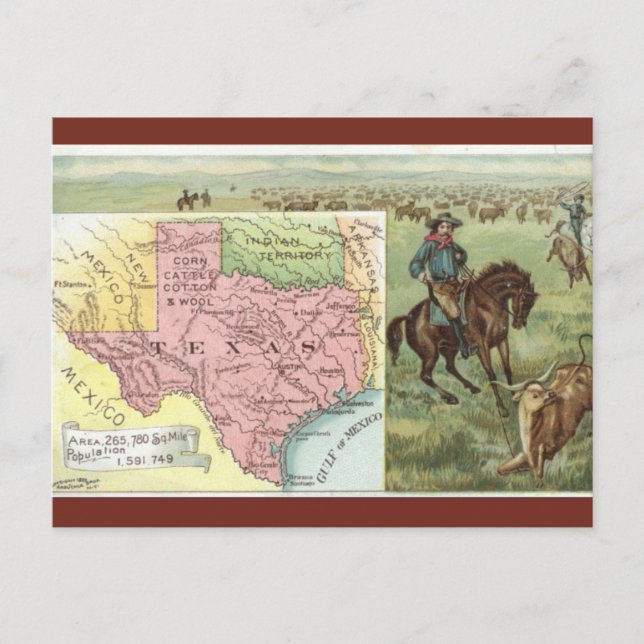 Postal Mapa Antiguo de Texas (Anverso)