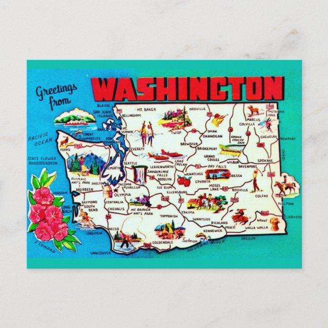 Postal Mapa Antiguo de Washington (Anverso)