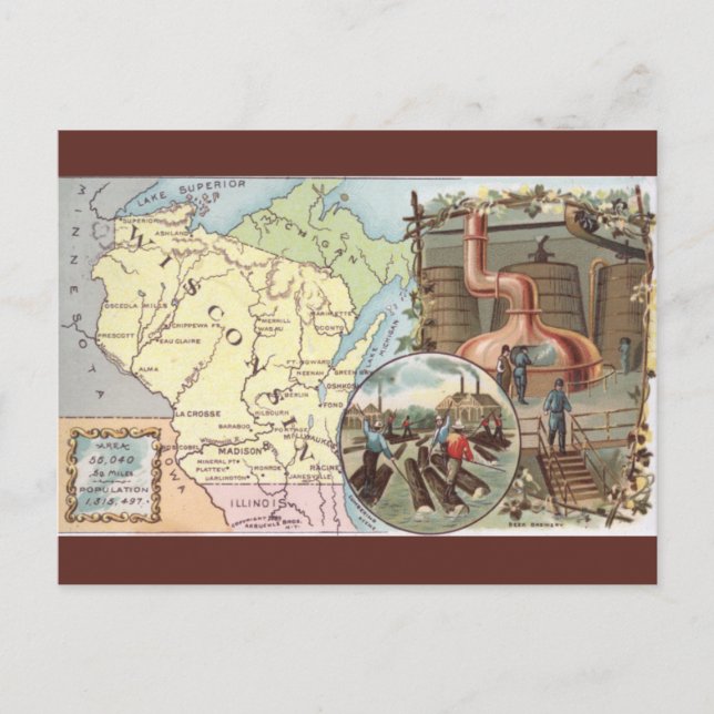 Postal Mapa Antiguo de Wisconsin (Anverso)