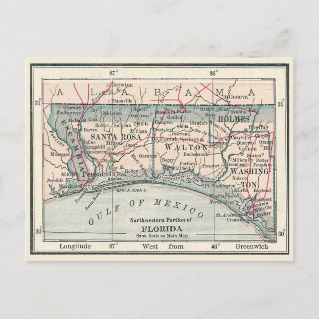 Postal Mapa antiguo del área de Florida Panhandle (Anverso)