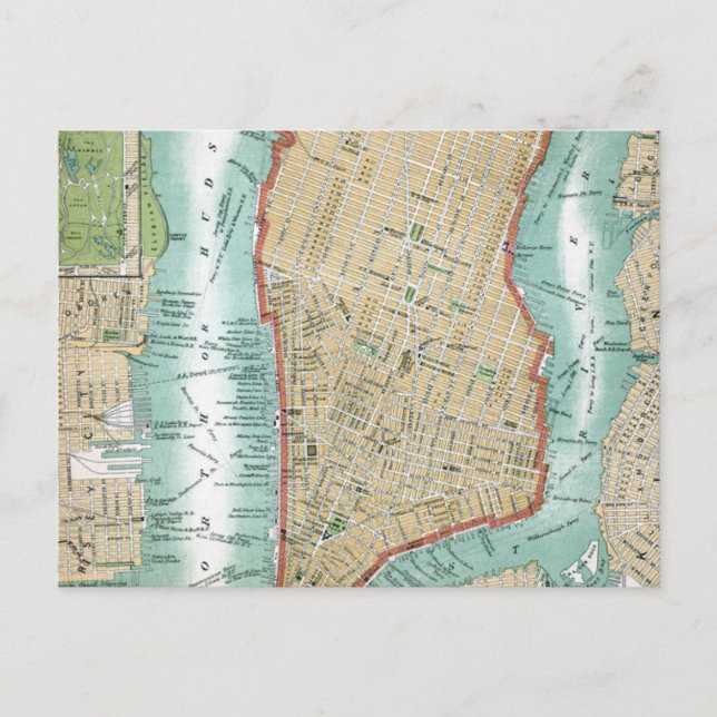 Postal Mapa antiguo del bajo Manhattan y Central Park (Anverso)
