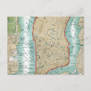 Postal Mapa antiguo del bajo Manhattan y Central Park