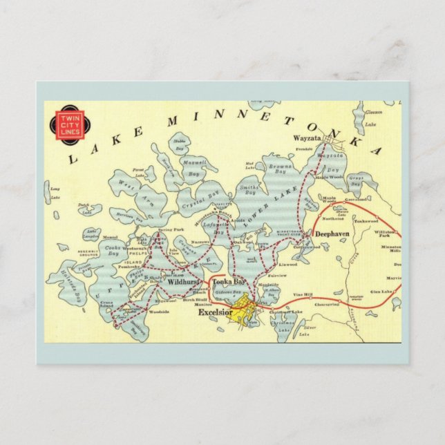 Postal Mapa antiguo del lago Minnetonka (Anverso)