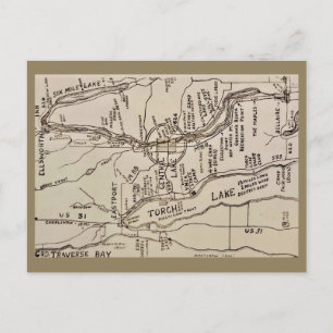 Postal Mapa Antiguo del Lago Torch Michigan