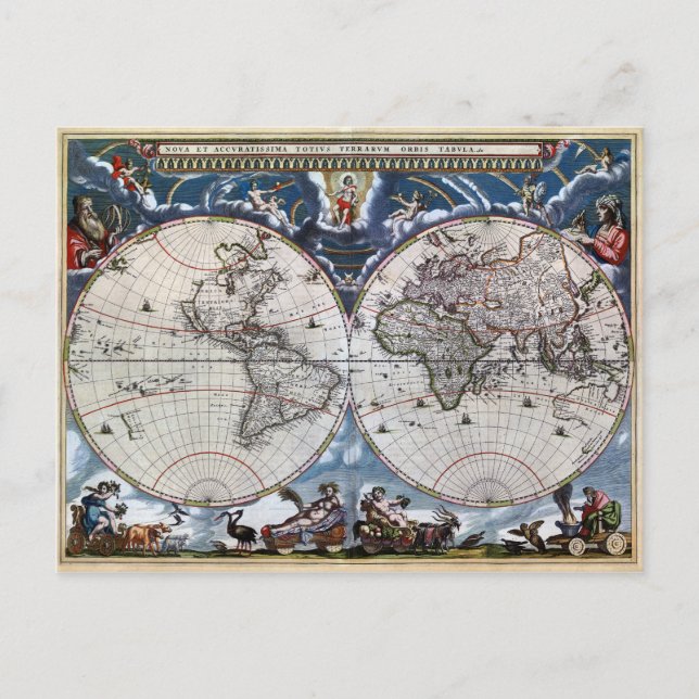 Postal Mapa antiguo del mundo 1664 Restaurado (Anverso)