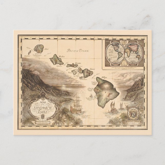 Postal Mapa antiguo del Sandwich Isles Hawaii 1700 (Anverso)