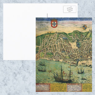 Postal Mapa antiguo, Plan de ciudad de Lisboa, Portugal, 