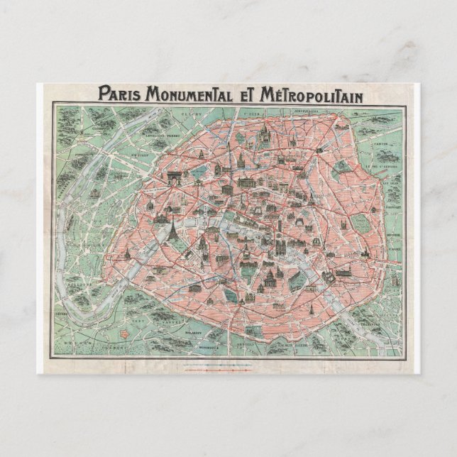 Postal Mapa Art Deco de París de 1932, Francia (Anverso)