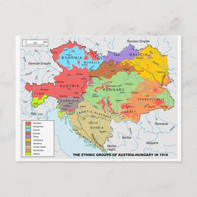 Postal Mapa Austria-Hungría de diversidad étnica en 1910 (Anverso)