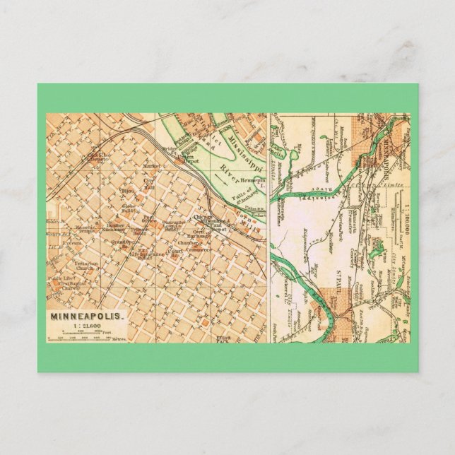 Postal Mapa callejero antiguo de Minneapolis (Anverso)