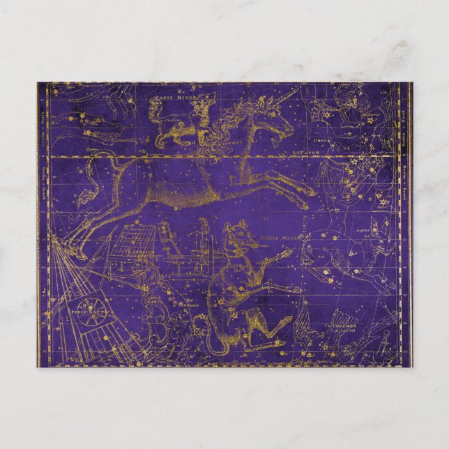 Postal Mapa Celestial del Unicornio Mítico Púrpura y Dora (Anverso)