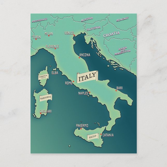 Postal Mapa Clásico De Italia (Anverso)
