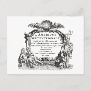 Postal Mapa clásico grabado con Neptuno y monstruo del ma