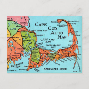 Postal Mapa Colorido Antiguo de Cape Cod