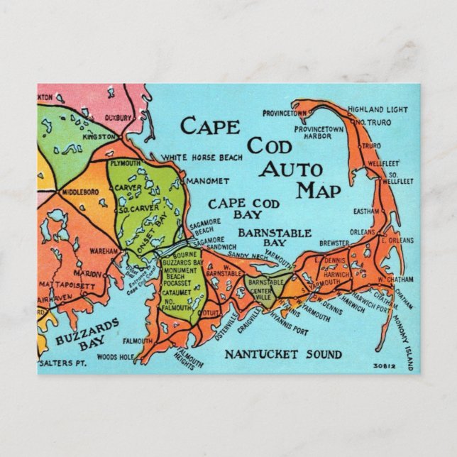 Postal Mapa Colorido Antiguo de Cape Cod (Anverso)