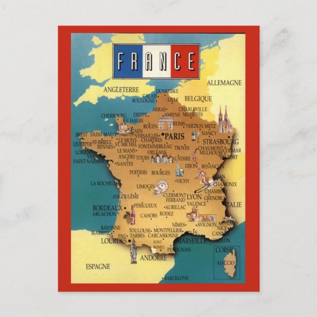Postal Mapa Colorido de Francia (Anverso)