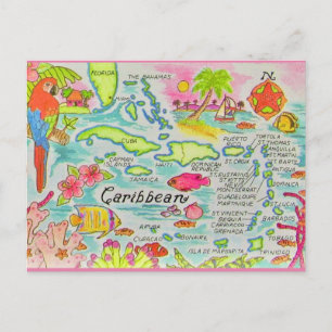 Postal Mapa Colorido de las Islas del Caribe
