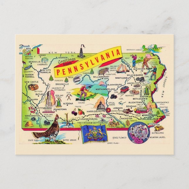 Postal Mapa colorido de Pensilvania (Anverso)