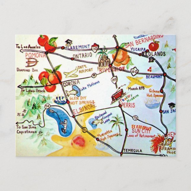 Postal Mapa Colorido de Riverside - California (Anverso)